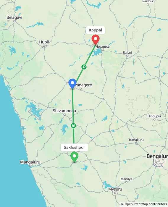 Route map showing distance and travel time from Sakleshpur, India to Koppal, India