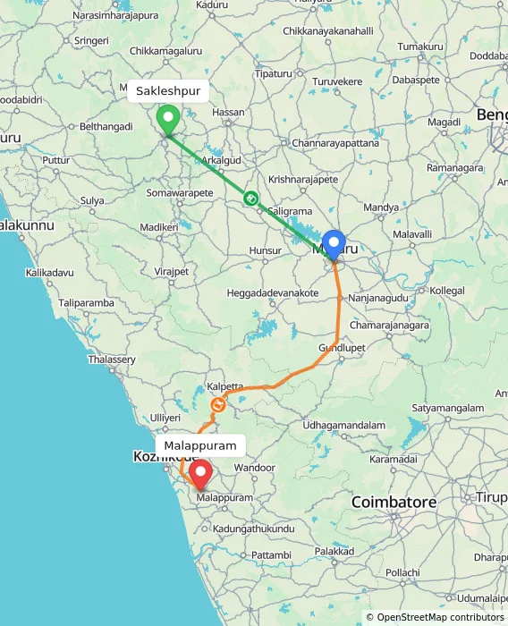 Route map showing distance and travel time from Sakleshpur, India to Malappuram, India