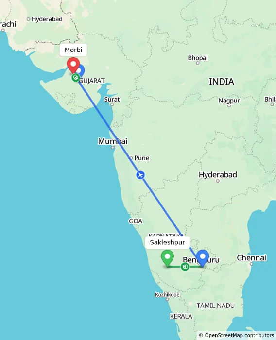 Route map showing distance and travel time from Sakleshpur, India to Morbi, India