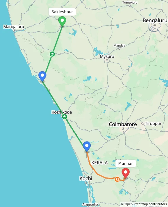 Route map showing distance and travel time from Sakleshpur, India to Munnar, India