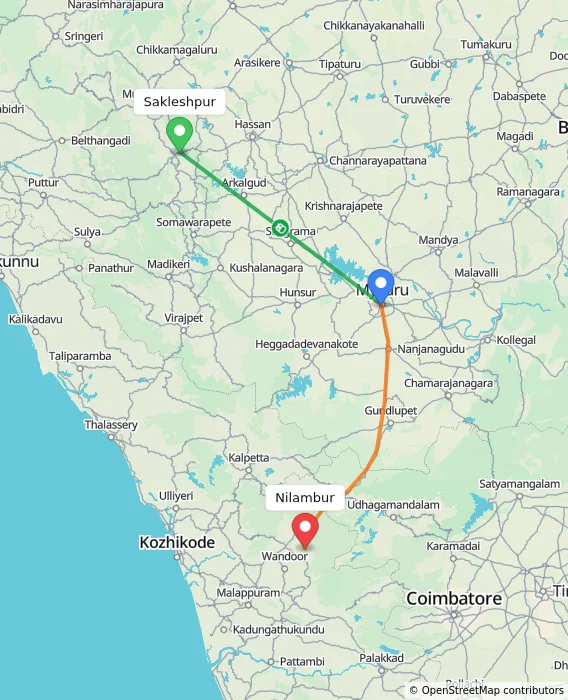 Route map showing distance and travel time from Sakleshpur, India to Nilambur, India