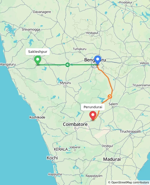 Route map showing distance and travel time from Sakleshpur, India to Perundurai, India