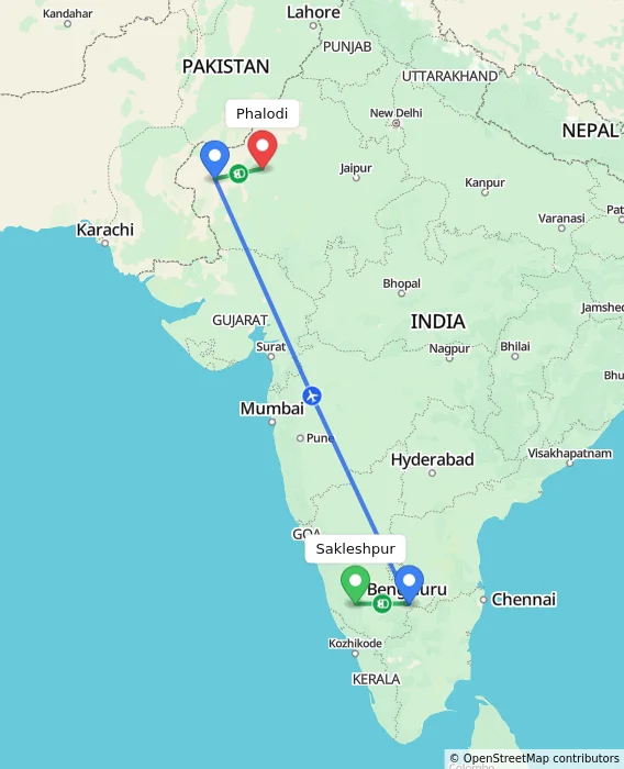 Route map showing distance and travel time from Sakleshpur, India to Phalodi, India