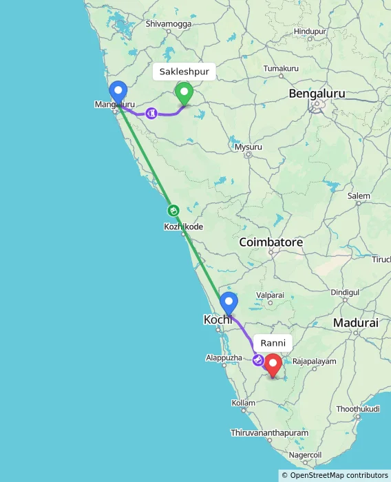 Route map showing distance and travel time from Sakleshpur, India to Ranni, India