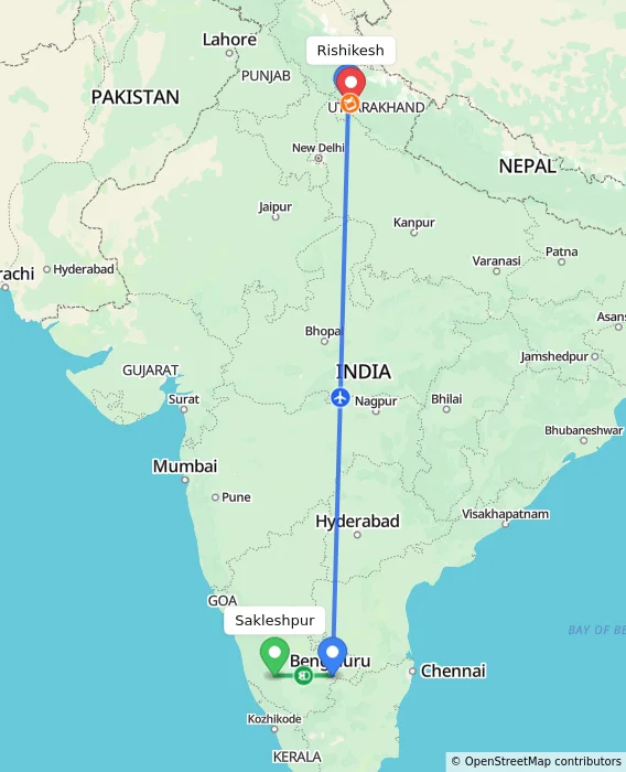 Route map showing distance and travel time from Sakleshpur, India to Rishikesh, India