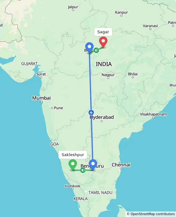 Route map showing distance and travel time from Sakleshpur, India to Sagar, India