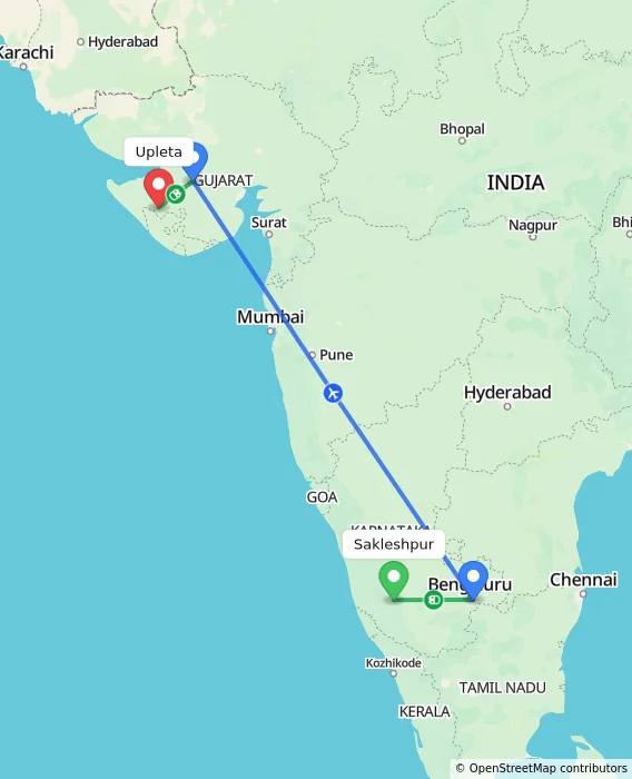 Route map showing distance and travel time from Sakleshpur, India to Upleta, India