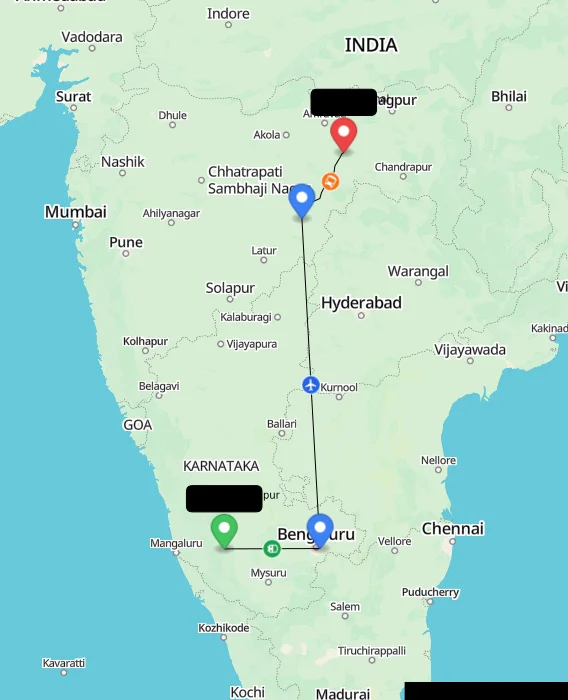 Route map showing distance and travel time from Sakleshpur, India to Yavatmal, India