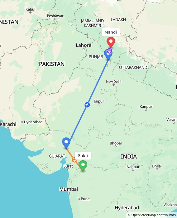 Route map showing distance and travel time from Sakri, India to Mandi, India