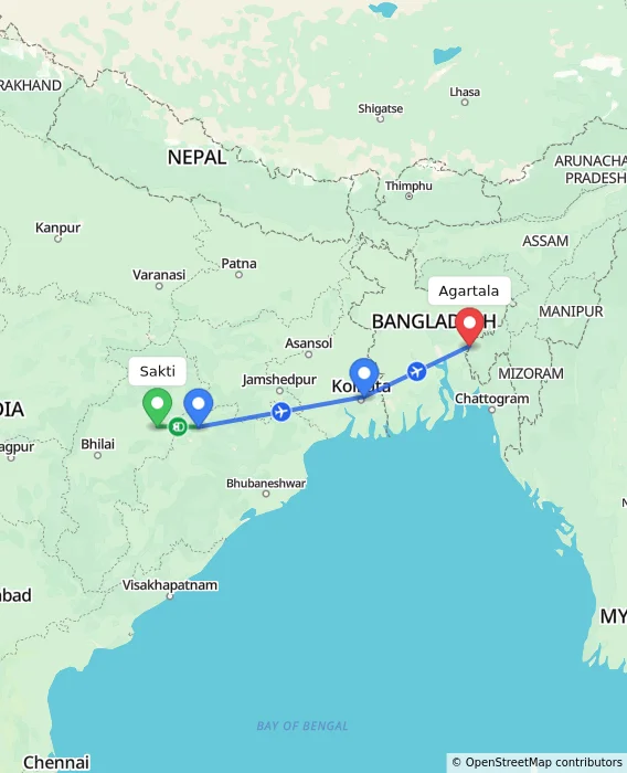 Route map showing distance and travel time from Sakti, India to Agartala, India