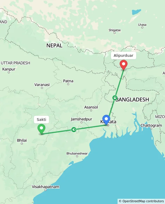 Route map showing distance and travel time from Sakti, India to Alipurduar, India