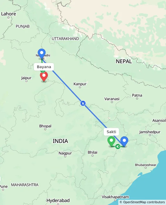 Route map showing distance and travel time from Sakti, India to Bayana, India