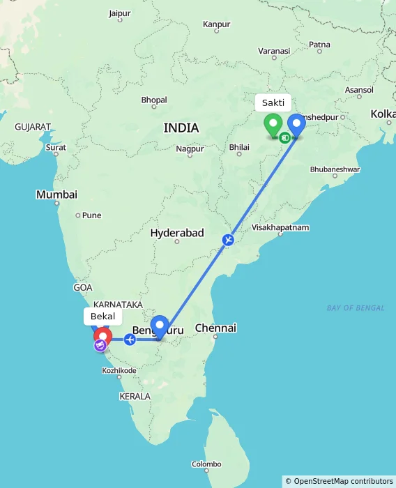 Route map showing distance and travel time from Sakti, India to Bekal, India