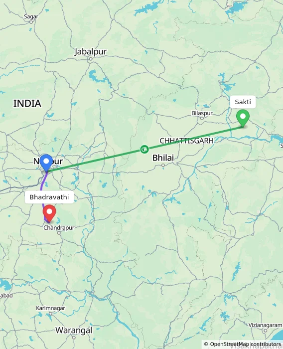 Route map showing distance and travel time from Sakti, India to Bhadravathi, India