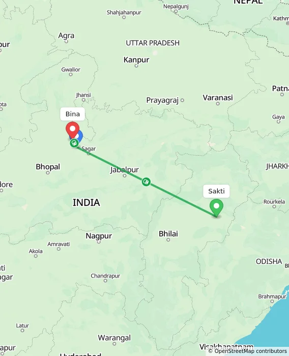 Route map showing distance and travel time from Sakti, India to Bina, India