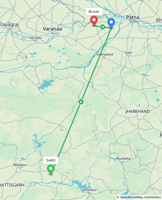 Route map showing distance and travel time from Sakti, India to Buxar, India
