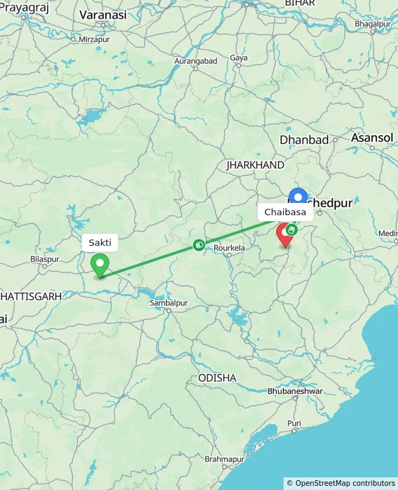 Route map showing distance and travel time from Sakti, India to Chaibasa, India