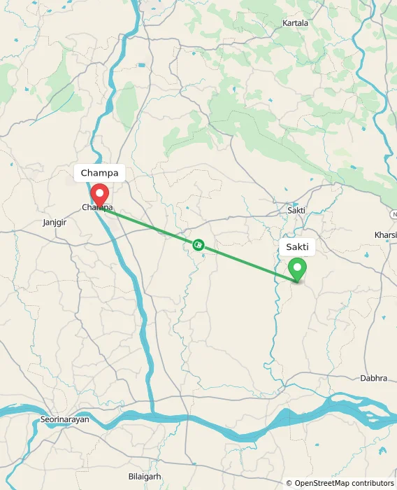 Route map showing distance and travel time from Sakti, India to Champa, India