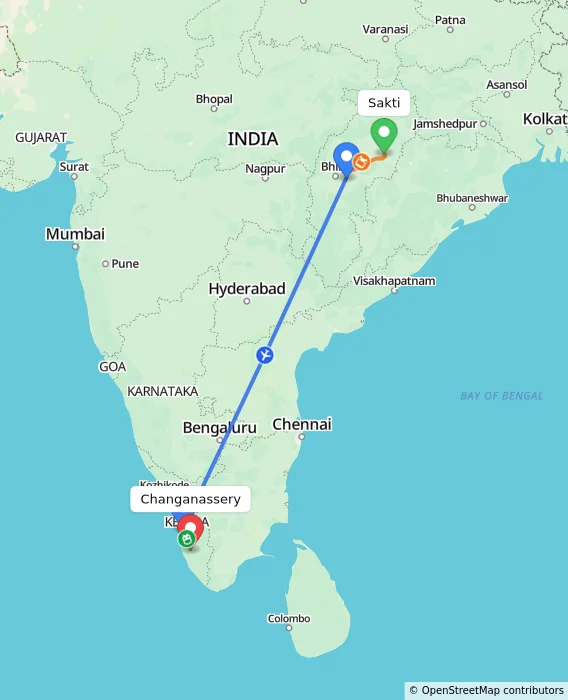 Route map showing distance and travel time from Sakti, India to Changanassery, India