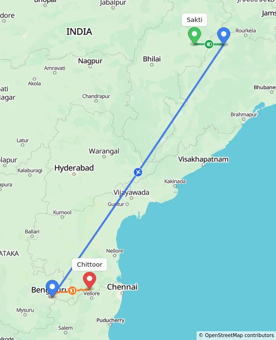 Route map showing distance and travel time from Sakti, India to Chittoor, India