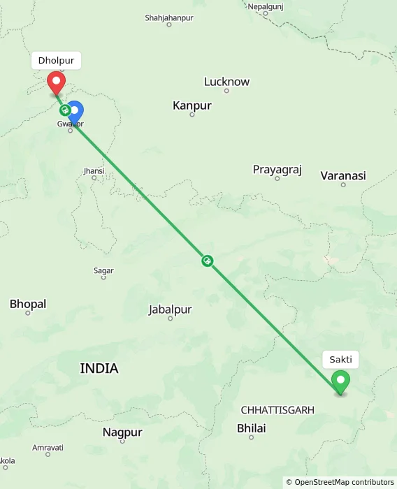 Route map showing distance and travel time from Sakti, India to Dholpur, India