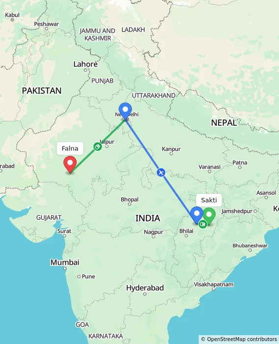 Route map showing distance and travel time from Sakti, India to Falna, India