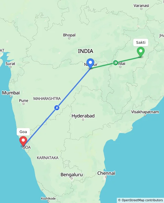 Route map showing distance and travel time from Sakti, India to Goa, India