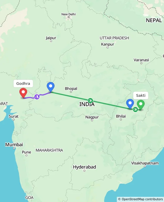 Route map showing distance and travel time from Sakti, India to Godhra, India