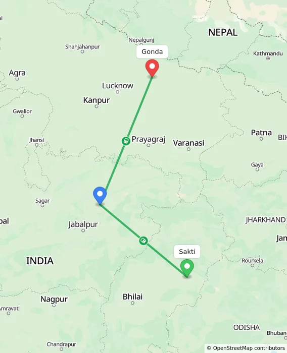 Route map showing distance and travel time from Sakti, India to Gonda, India