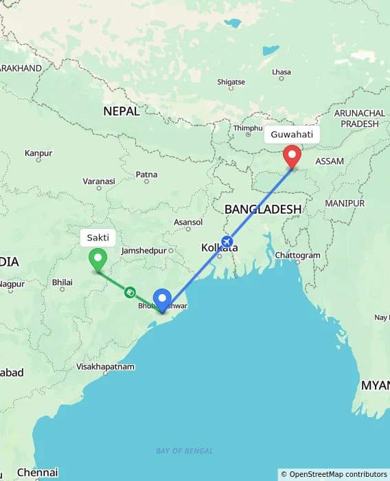 Route map showing distance and travel time from Sakti, India to Guwahati, India