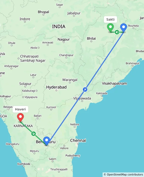 Route map showing distance and travel time from Sakti, India to Haveri, India