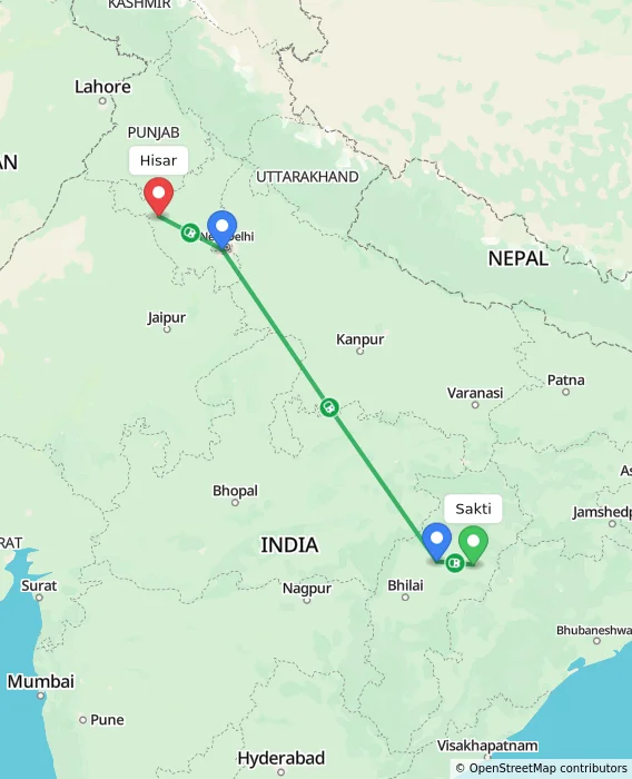 Route map showing distance and travel time from Sakti, India to Hisar, India
