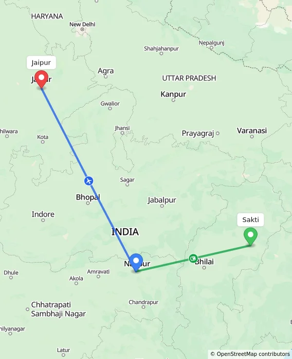 Route map showing distance and travel time from Sakti, India to Jaipur, India