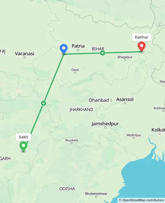Route map showing distance and travel time from Sakti, India to Katihar, India