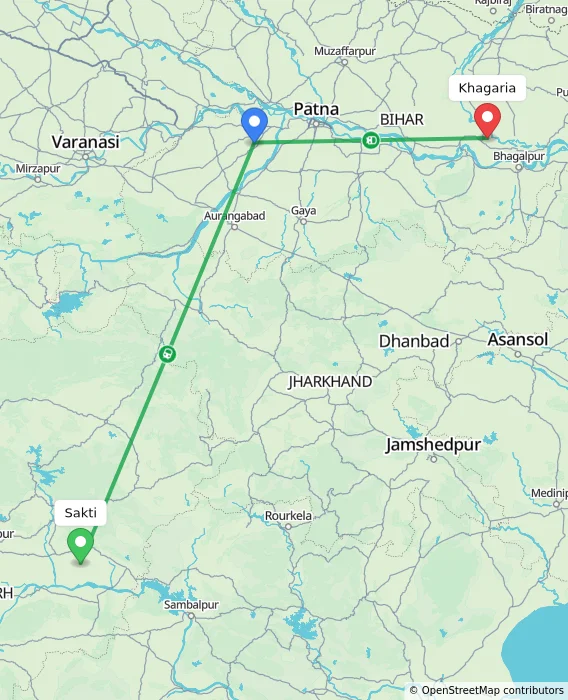 Route map showing distance and travel time from Sakti, India to Khagaria, India