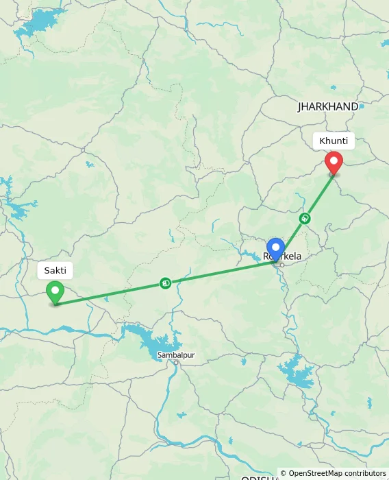 Route map showing distance and travel time from Sakti, India to Khunti, India