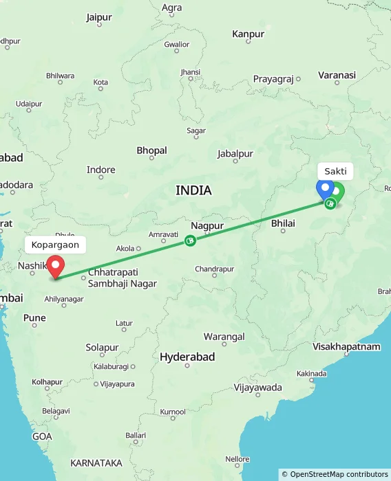 Route map showing distance and travel time from Sakti, India to Kopargaon, India