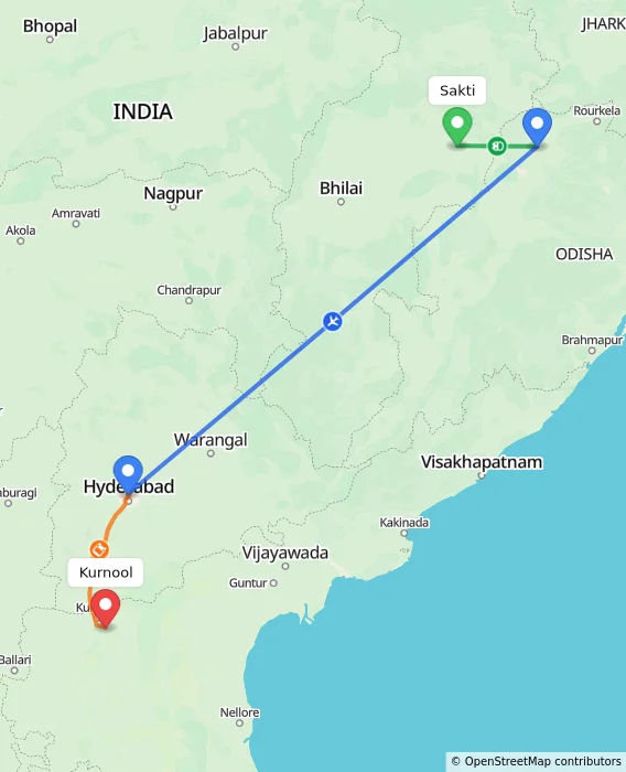 Route map showing distance and travel time from Sakti, India to Kurnool, India