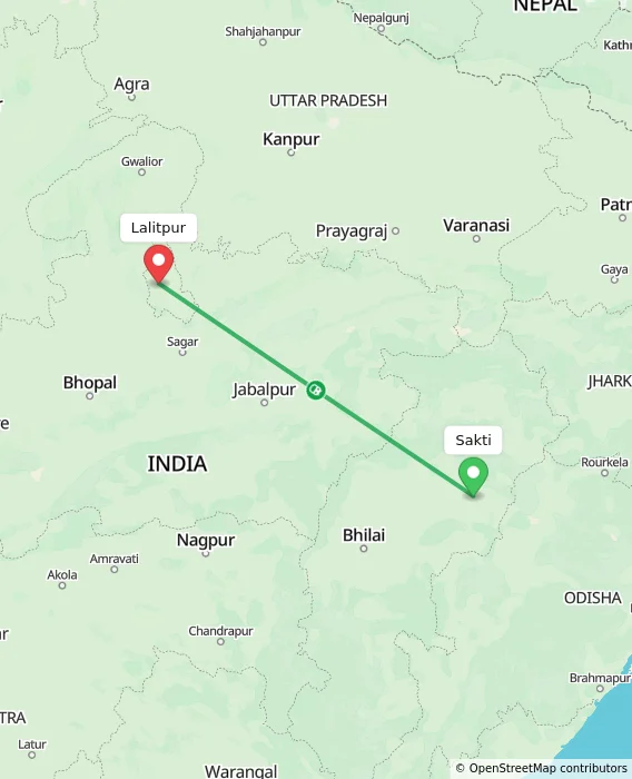 Route map showing distance and travel time from Sakti, India to Lalitpur, India
