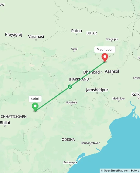 Route map showing distance and travel time from Sakti, India to Madhupur, India