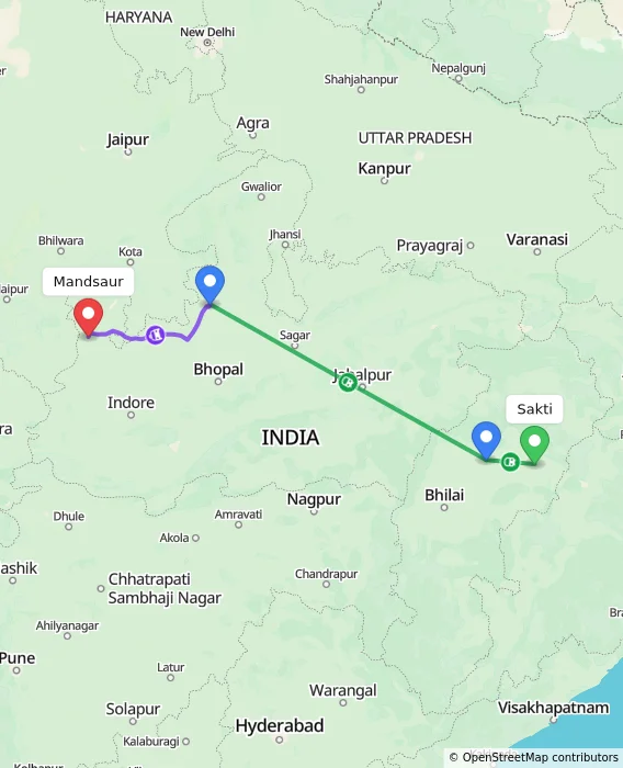 Route map showing distance and travel time from Sakti, India to Mandsaur, India
