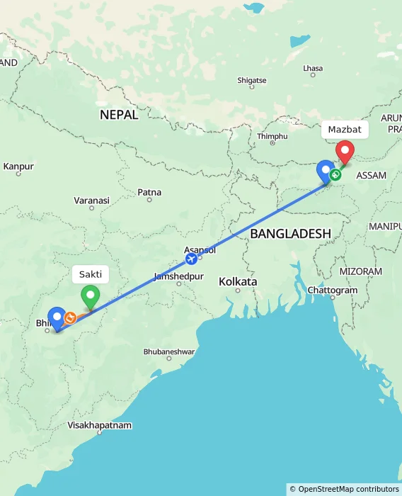Route map showing distance and travel time from Sakti, India to Mazbat, India