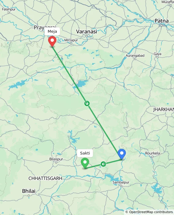 Route map showing distance and travel time from Sakti, India to Meja, India