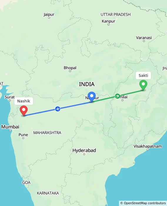 Route map showing distance and travel time from Sakti, India to Nashik, India
