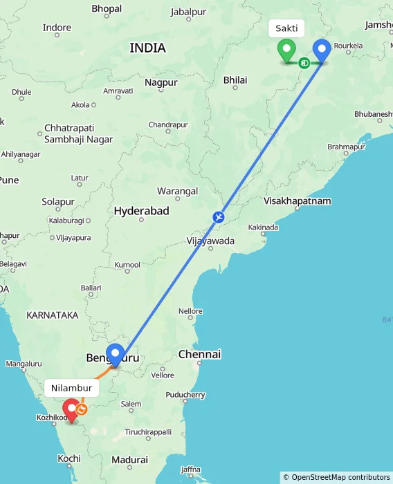 Route map showing distance and travel time from Sakti, India to Nilambur, India
