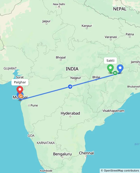 Route map showing distance and travel time from Sakti, India to Palghar, India