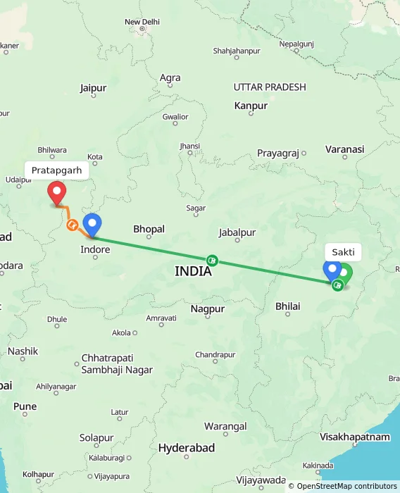Route map showing distance and travel time from Sakti, India to Pratapgarh, India