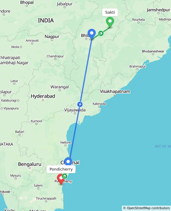Route map showing distance and travel time from Sakti, India to Puducherry, India