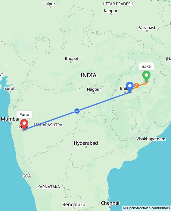 Route map showing distance and travel time from Sakti, India to Pune, India
