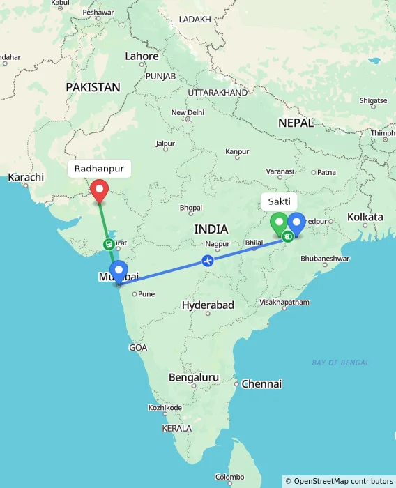 Route map showing distance and travel time from Sakti, India to Radhanpur, India